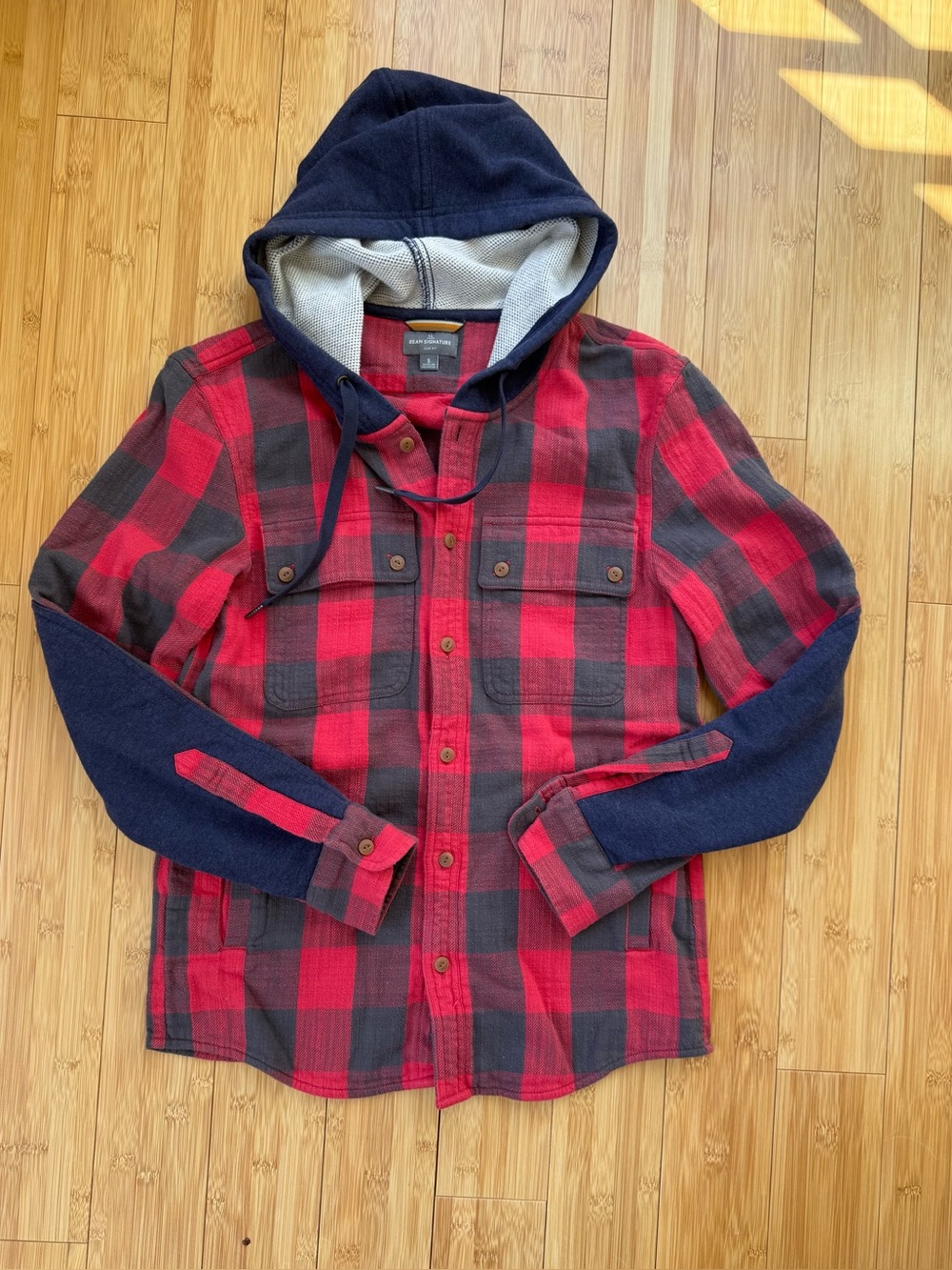 LL Bean Signature Red & Navy Hooded Plaid Flannel Shirt size smal